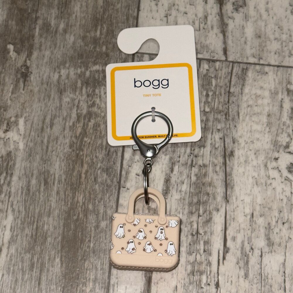 Bogg Key Chain Charm Tiny Tote Ghost Print Halloween Beige/White